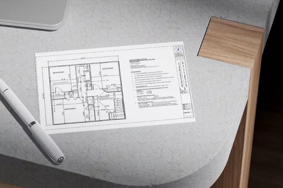 Residential floor plan with construction notes