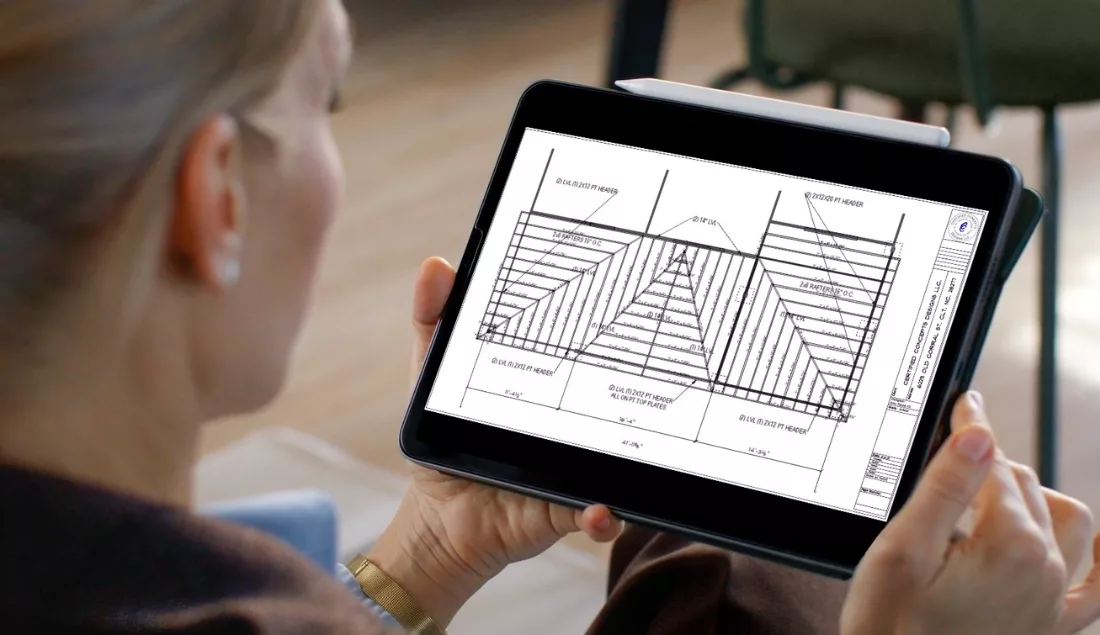 Roof framing plan displayed on a tablet